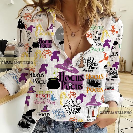 Hocus Pocus 3D All Over Printed Women Linen Shirt, Hocus Pocus Casual Shirt, Hocus Pocus Gifts, Halloween Gifts, Hocus Pocus Women Blouses