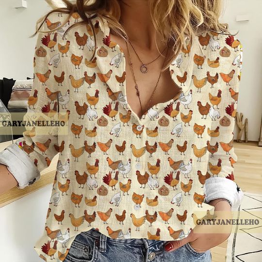 Chicken 3D All Over Printed Women Linen Shirt,Chicken Women Blouses, Chicken Casual Shirt, Chicken Lover's Gifts, Chicken Summer Shirt