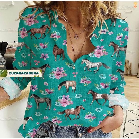 Horse Flower Shirt, Horse Linen Shirt, Horse Shirt, Floral Horse Shirt, Cowgirl Shirt, Farm Lover Gift, Horse Lover Gift,Gift For Women
