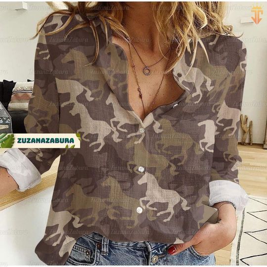 Horse Camo Shirt, Horse Linen Shirt, Horse Shirt, Equestrian Linen Shirt, Camo Shirt, Gift For Horse Lover, Horse Shirt Women