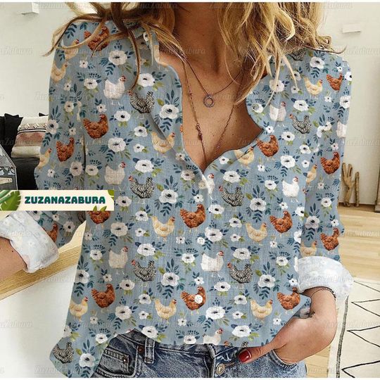 Chicken Floral Shirt, Chicken Linen Shirt, Chicken Shirt, Farm Shirt, Gift For Her, Women Chicken Shirt, Hen Shirt, Cute Animal Shirt