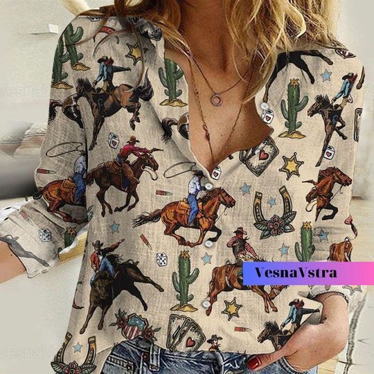 Cowboy Horse Riding Shirt, Horse Linen Shirt, Horse Blouse Women Shirt, Horse Shirt For Women, Gift For Her, Horse Trainer Shirt