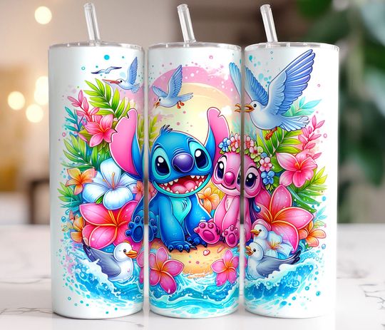 Stitch Angel Summer Tumbler, 20oz Skinny Tumbler, Beach Tumbler, Cartoon Tumbler