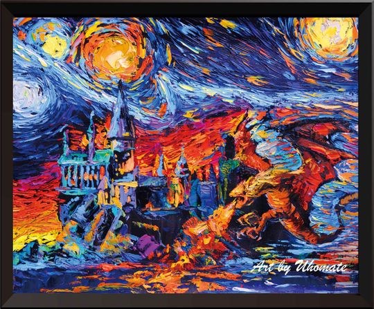 Vincent Van Gogh Starry Night Posters Potter Inspired Dragon and Hogwarts Castle Canvas Wall Art Nursery Decor Wall Decor