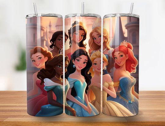 5 Images Cartoon Princess Tumbler Design, Magic Kingdom Sublimation Designs Downloads