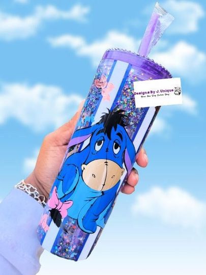 Eeyore Inspired Snow Globe Tumbler with Purple Bling Lid