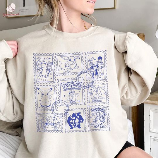 PKM Characters Doodle Art Sweatshirt | Chikorita Cyndaquil | Pika, | Eevee Evolution | Pichu Togepi Shirt Pokeball Shirt |Anime Japanese Shirt