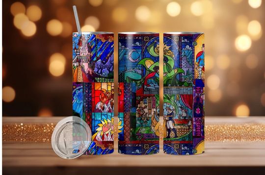 Fairytale-Stained Glass 20oz Skinny Tumbler beauty and the beast tumbler disney tumbler
