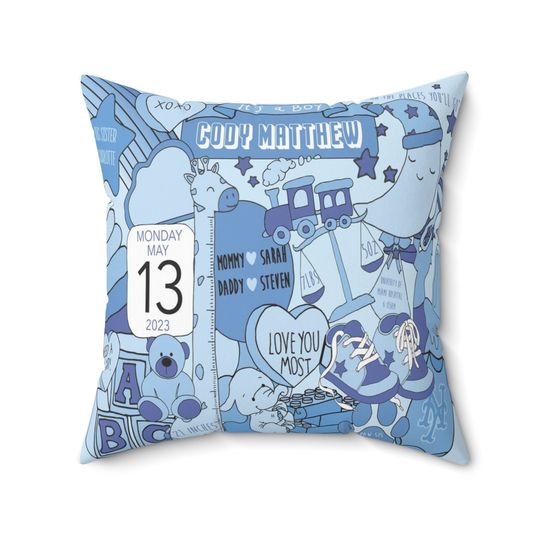 Custom Pillow For Baby Boy | Birth Announcement | Hand Drawn Illustrations | Personalize With Stats, Parents, Siblings, Pets, Toys