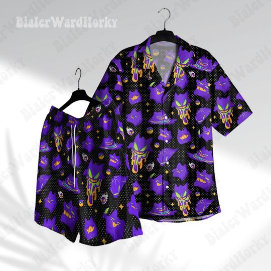 Gengar Hawaiian Shirt, Funny Ghost Type Aloha Shirt,  Anime Shirt, Gengar Gifts
