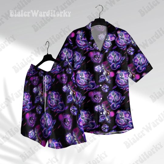 Mewtwo Power Hawaii Shirt, Shorts Psychic Type Aloha Shirt, Anime Hawaii Mewtwo Crochet Gifts