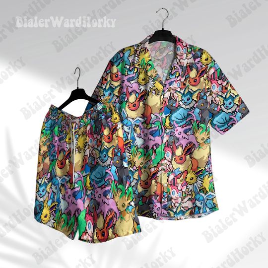 Eevee Evolution Stacked Hawaii Shirt, Shorts Electronic Cute Shirt, Aloha Shirt, Beach Shirt, Anime Hawaiian Shirt, Evolution Gifts