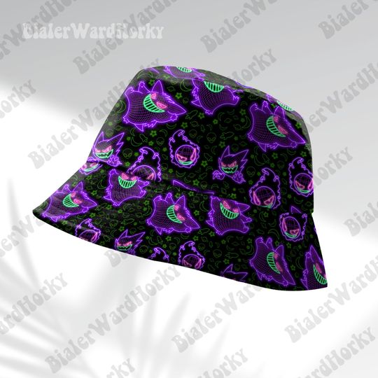 Gengar Ghost Neon Bucket Hat, Ghost Type Funny Cute Hat, Gengar Gifts Anime Bucket