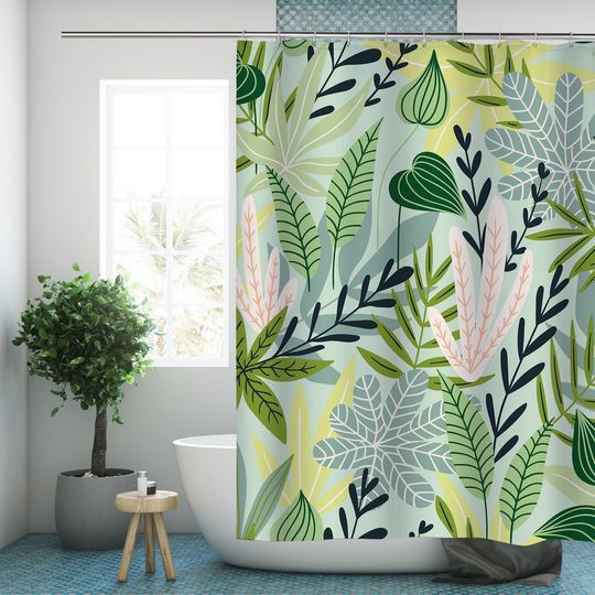 Green Plants Shower Curtain Botanical Leaf Modern Fabric Bathroom Curtains with Hooks Floral Waterproof Home Decor Bathroom Gift For Her