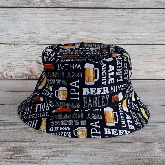 Adult Bucket Hat - Beer Drinking Hat, Reversible Cotton Hat, Father's Day Gift for Dad, Backyard BBQ, Party Gift for Him, Unisex One Size