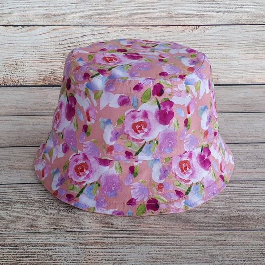 Kids Bucket Hat - Pink Flowers Cute Reversible Cotton Hat, Girls Summer Sun Hat, Pretty Girls Party Hat, Sun Protection, Outdoor Play Hat,