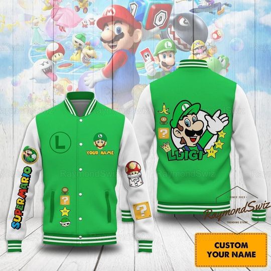 Luigi Baseball Jacket, Super Mario Baseball Jacket, Custom Luigi Jacket, Luigi Jacket Men, Super Mario Gaming Jacket, Jackets For Men