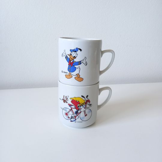 Vintage Disney Mugs Goofy on a bicycle and Donald Duck, Vintage Disney Porcelain Cups