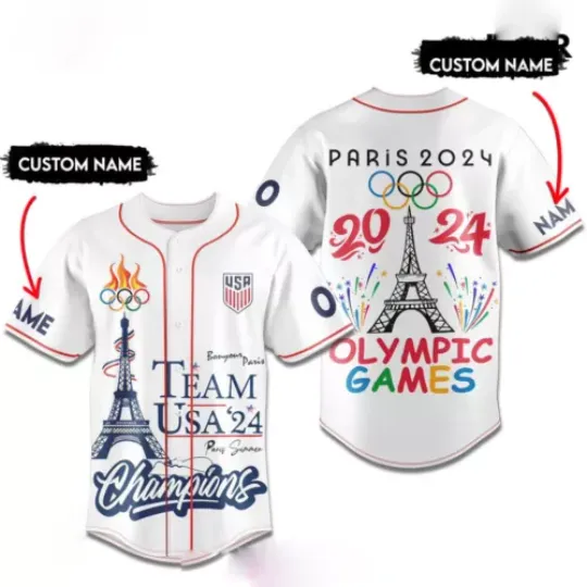 Personalized 2024 Paris Olympic Shirt, USA Eiffel Tower Baseball Jersey Shirt