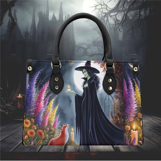 Halloween Shoulder Bag spooky scary floral witch red fox cute fun whimsical design, Vintage Horror Leather Bags, Shoulder Bag Gift for Women