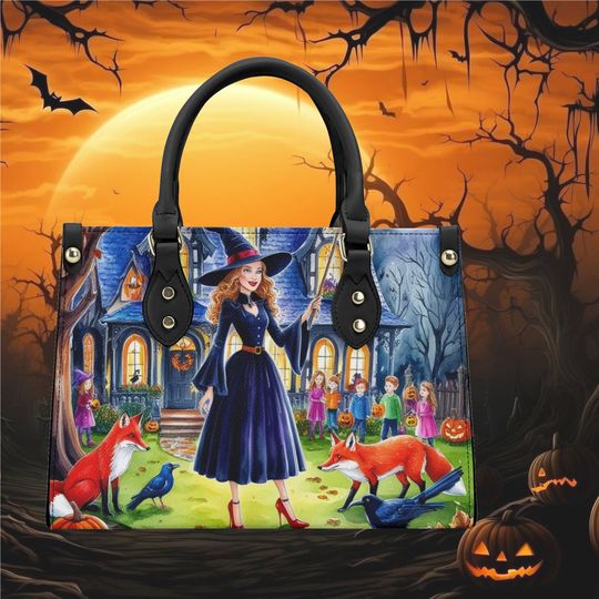 Halloween Shoulder Bag witch and foxes fun cute design, Vintage Horror Leather Bags, Shoulder Bag Gift for Women