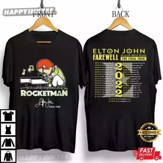 Elton John Yellow Brick Road Tour Both Sides T-Shirt, 2024 Music Tour Merch, Short Sleeve Cotton Tee