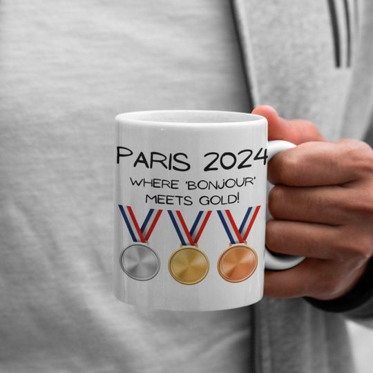 Paris 2024 Olympic Souvenir Mug - 'Bonjour Meets Gold!' coffee Mug (11oz, 15oz)
