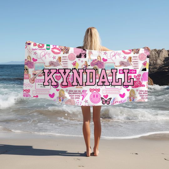 Personalized Taylors Beach Version Towel, For Summer Camp Eras Sticker Collage Beach Towel, Gift for Youth Swify Fan Gift Beach Towel