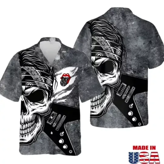 The Rolling Stones Skull And Guitar Hawaiian Shirt, Unisex Shirt