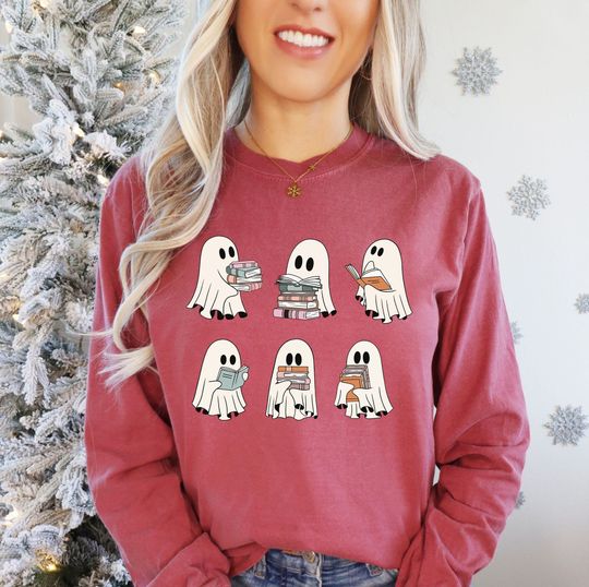 Ghost Reading Books Long Sleeve, Bookish Halloween Long Sleeve, Halloween Teacher Gift, Librarian Halloween Shirt, Comfort Colors