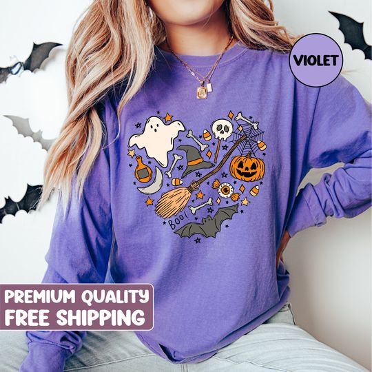 Comfort Colors Halloween, Halloween doodle long sleeve shirt, Vintage Halloween Shirt, Retro Fall Shirt, Fall Shirt, Vintage Ghost Shirt,