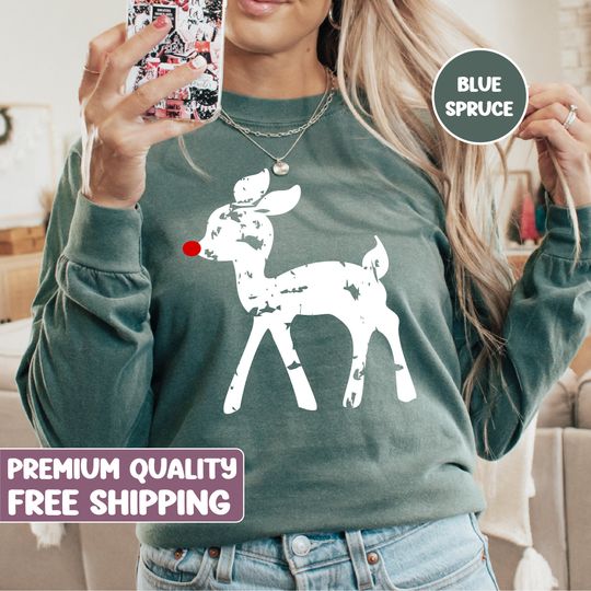 Retro Rudolf the Reindeer Long Sleeve Shirt, cute Christmas Shirt, Christmas Comfort Colors, holiday shirt, Christmas retro Reindeer