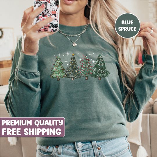 Green Christmas trees shirt, Long Sleeve Shirt, Christmas holiday, Christmas Comfort Colors Shirt, retro Christmas tree shirt, gift for her