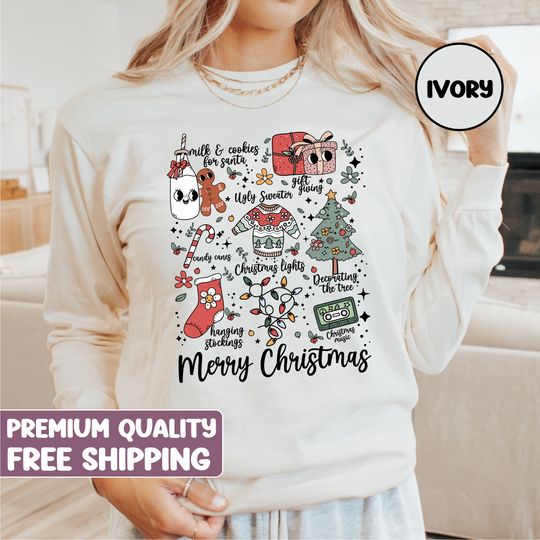 Christmas doodle long sleeve shirt, Comfort Colors Christmas, cute Christmas, Retro Christmas, holiday apparel, Christmas tree doodle