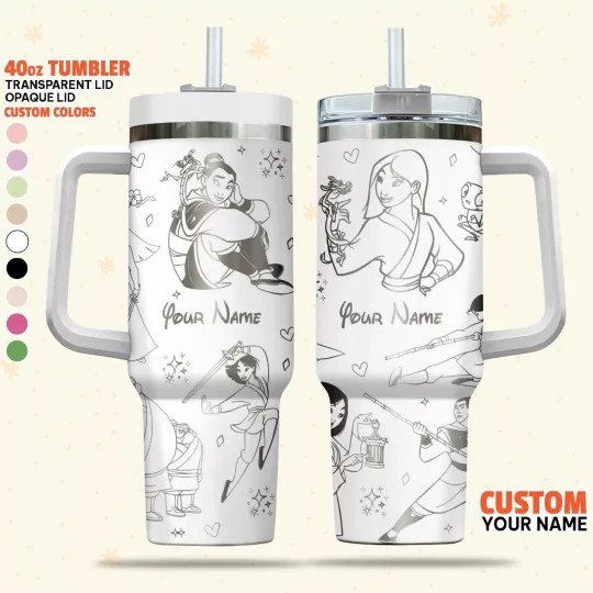 Custom Disney Mulan Tumbler, Vintage Disney Princess 40oz Tumbler, Handle Lid