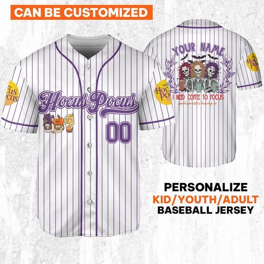 Hocus Pocus I Need To Focus Skeleton Drink Coffee Striped Purple Jersey, Disney Baseball Jersey Sports