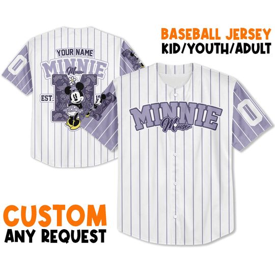 Personalize Minnie Mouse Disney Jersey, Custom Kid Youth Adult Baseball Jersey, Custom Disney Shirt, Disney Birthday Gift