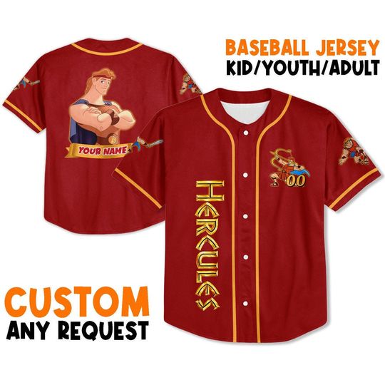 Personalize Hercules Red Yellow Jersey, Custom Kid Youth Adult Baseball Jersey, Custom Disney Shirt, Disney Birthday Gift