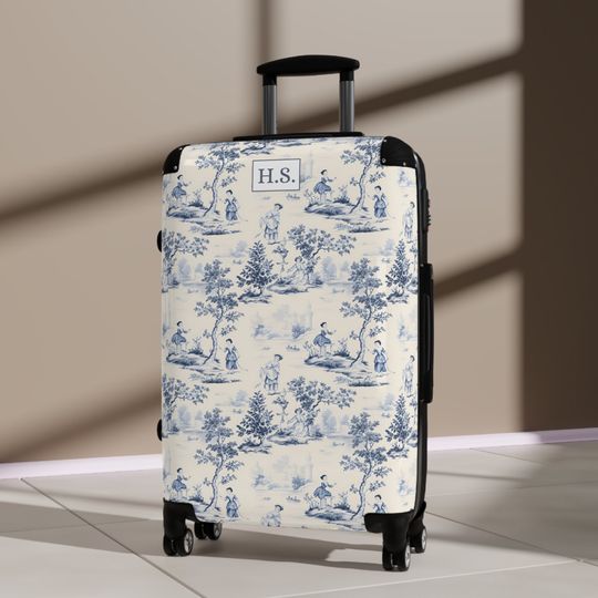 Luxury Monogram Toile de Jouy Suitcase with blue chinoiserie, French pastoral carry-on, travel, carry-on luggage, hard suitcase with wheels
