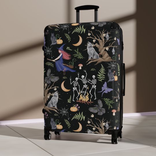 Woodland Witch Suitcase - Dark Cottagecore Luggage Suitcase, Dancing Skeleton Forest Animal Wolf Moon Travel Accessories Cabin Suitcases