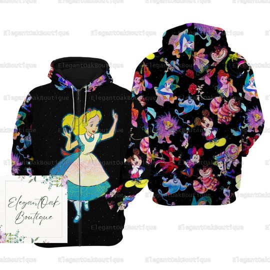Halloween Alice In Wonderland 3D Zip Hoodie, Alice 3D Zip Hoodie, Women Disney 3D Zip Hoodie