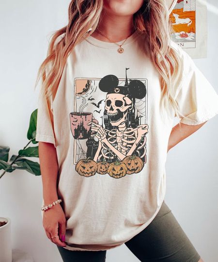 Mickey Skeleton Coffee Shirt, Vintage Disney Skeleton Sweatshirt, Disney Pumpkin Halloween Matching Tee Disneyland Stay Spooky Family Trip