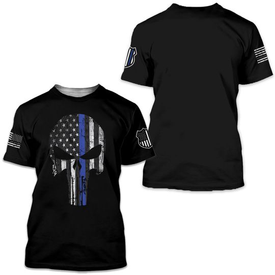 Punisher Skull Thin Blue Line T-shirt | Patriotic Skull American Flag T-shirt | Punisher Skull Police Officer shirt