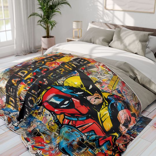 Deadpool and Wolverine Comic Book Style Movie Poster Fluffy Warm Fleece Blanket
