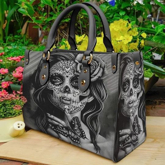 Day Of The Dead Butterfly Leather Handbag, Women Skull  Handbag,Love Skull bones ,Skull Handbag,Handmade Bag