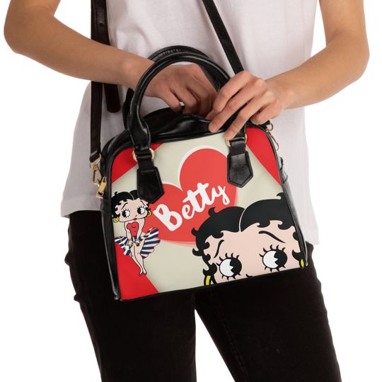 Loved By You Boop Shoulder Handbag | Red Heart 1930s Vintage Inspired Gift for Her Collector Purse Tote Bag Birthday Black Strap