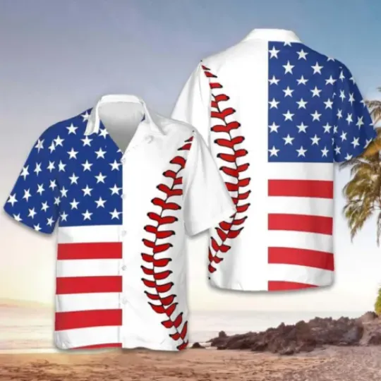 Baseball American Flag Patriotic US Flag Hawaiian Shirt, Short Sleeve Button Shirt, Vacation Shirt, Gift For Him