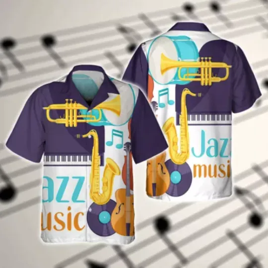 Jazz Music Saxophone Hawaiian Shirt, Short Sleeve Button Shirt, Vacation Shirt, Gift For Him