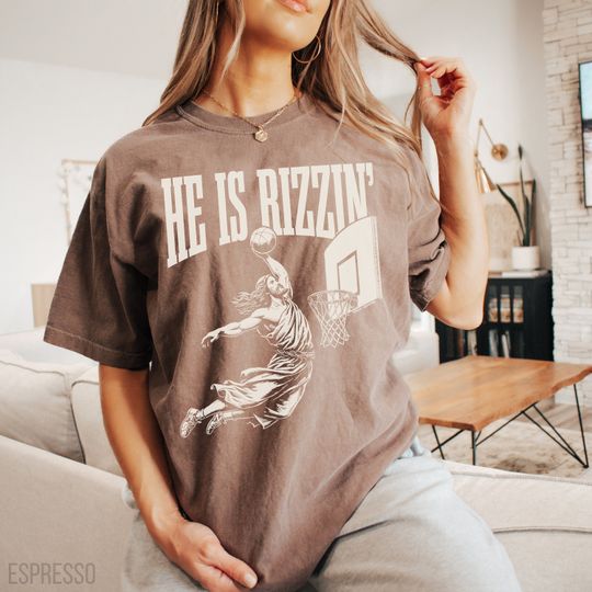 Comfort Colors He is Rizzin Shirt, Funny Shirt of Jesus Playing Basketball, Vintage Faith Shirt, Unisex Basketball Shirt, Funny Jesus Shirt