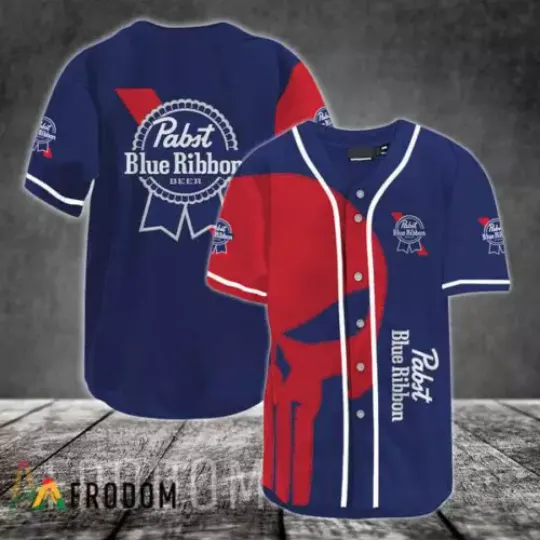 Navy Red Skull Pabst Blue Ribbon Baseball Jersey Shirt